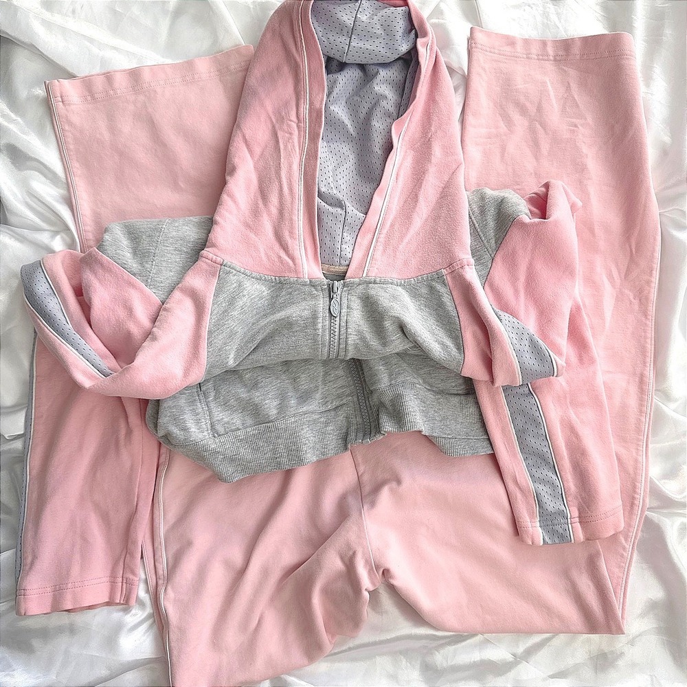 Vintage Y2K Pink Grey Tracksuit Set Zip Up Hoodie Wide Leg Pants Mesh Detail